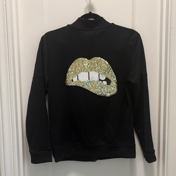 adidas Jackets & Blazers - Adidas Black Full-Zip Track Jacket with lips appliqué on back